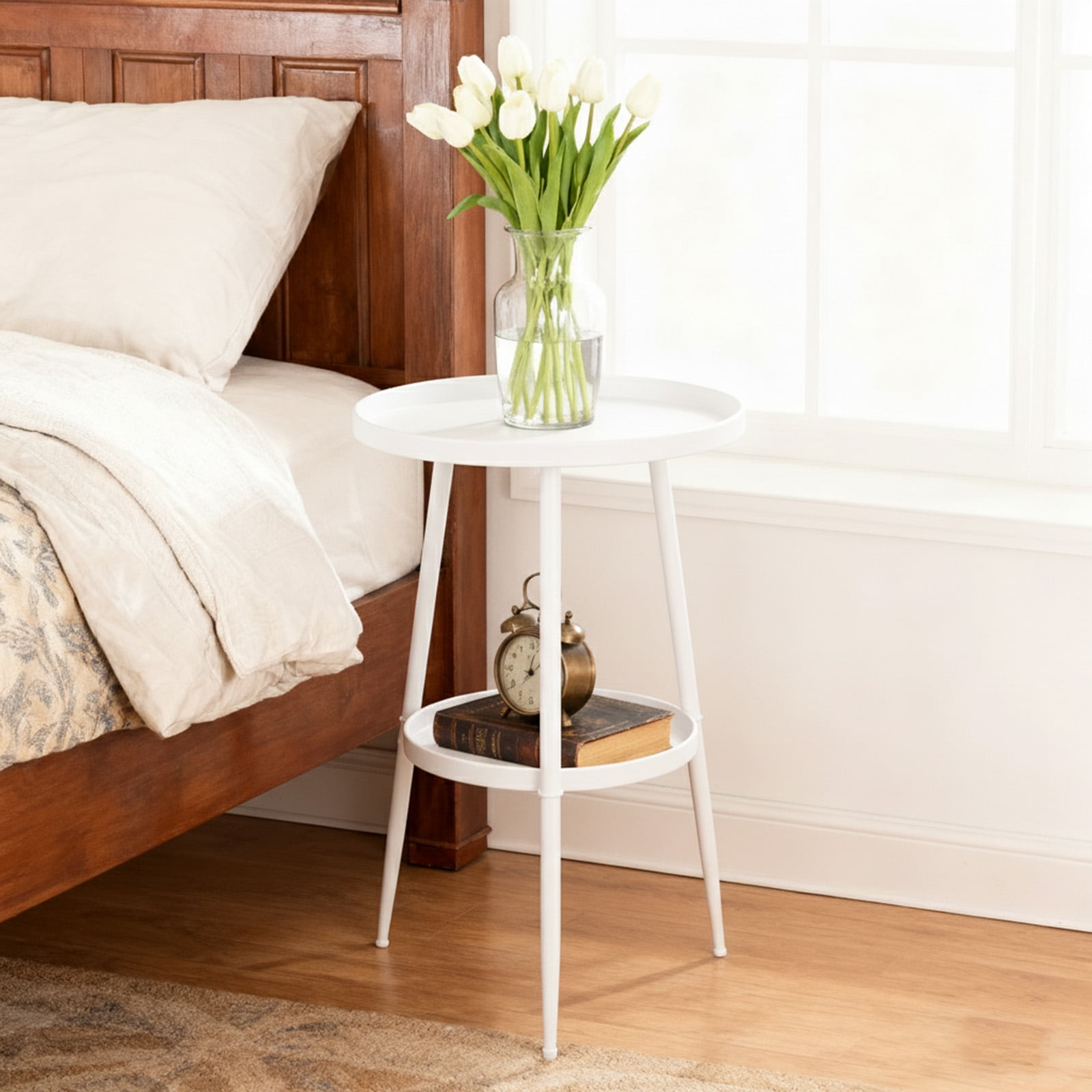 PinkSheep Round End Table Small Side Table Accent Table with Storage for Living Room Bedroom, 2 Tier Metal Plant Stands Pots Holder for Indoors, White