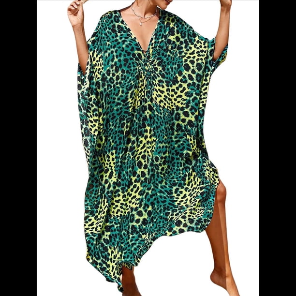Vestido Caftán con Estampado Animal para Mujer, Talla Grande, para Playa, Verano 2025 Punto de Leopardo Talla Única