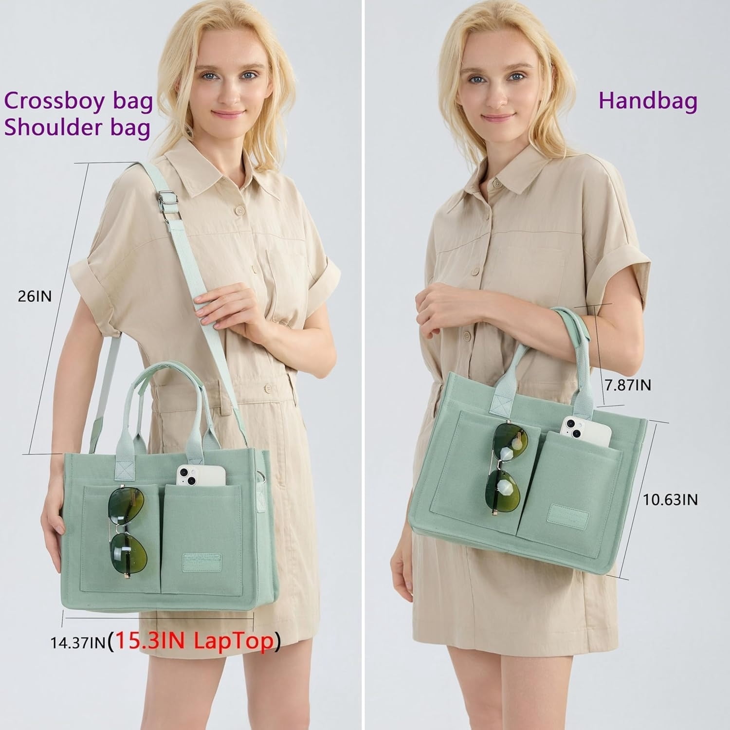 Tote Bag for Women With Compartments,Large Canvas Totes Women's Purse Crossbody Bags Work Laptop Book Bag Shoulder Handbags Green