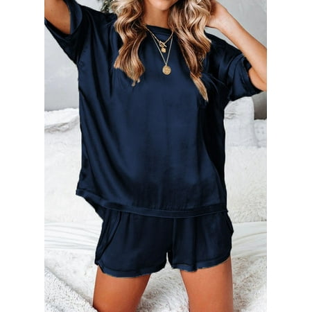 

PhoneSoap Pajamas Women s Solid Color Pocket Top Loose Short Sets Navy