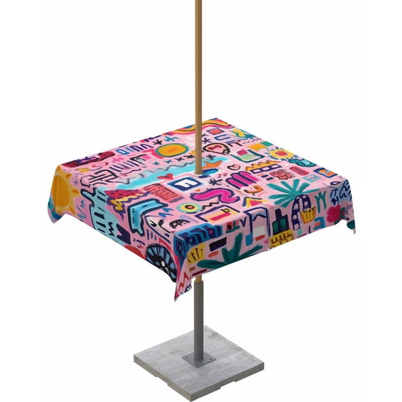 Fsddascl Colorful Abstract Outdoor Tablecloth - 60x60 Inch Square Dining Table Cover, Modern Contemporary Oil Painted Waterproof Outdoor Table Cloth with Umbrella Hole & Zipper for Picnic/Patio
