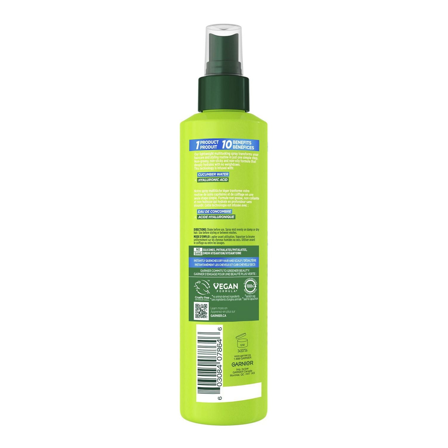 Garnier Fructis Pure Moisture 10-in-1 Leave-In Spray For Dry Hair & Scalp, Hydrating Hair Treatment, With Hyaluronic Acid and Cucumber Water - 239ml, 10 immediate hair benefits