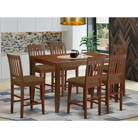Kitchen Counter Table Set 7 Piece - Dining Room Chairs Linen Fabric 36x60 Inch Mahogany