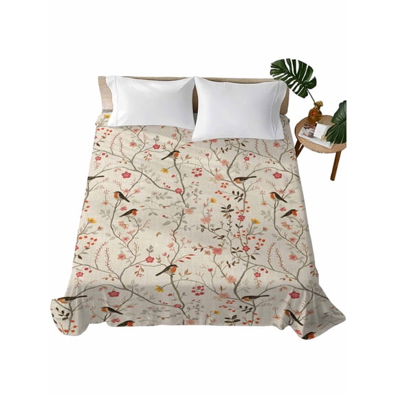 King Size Flat Sheet Only, Flowers Birds Soft Brushed Microfiber Bed Sheets, Country Retro Botanical Floral Branches Hotel Quality Breathable Bedding Top Sheet, Easy Care, 105"x98"