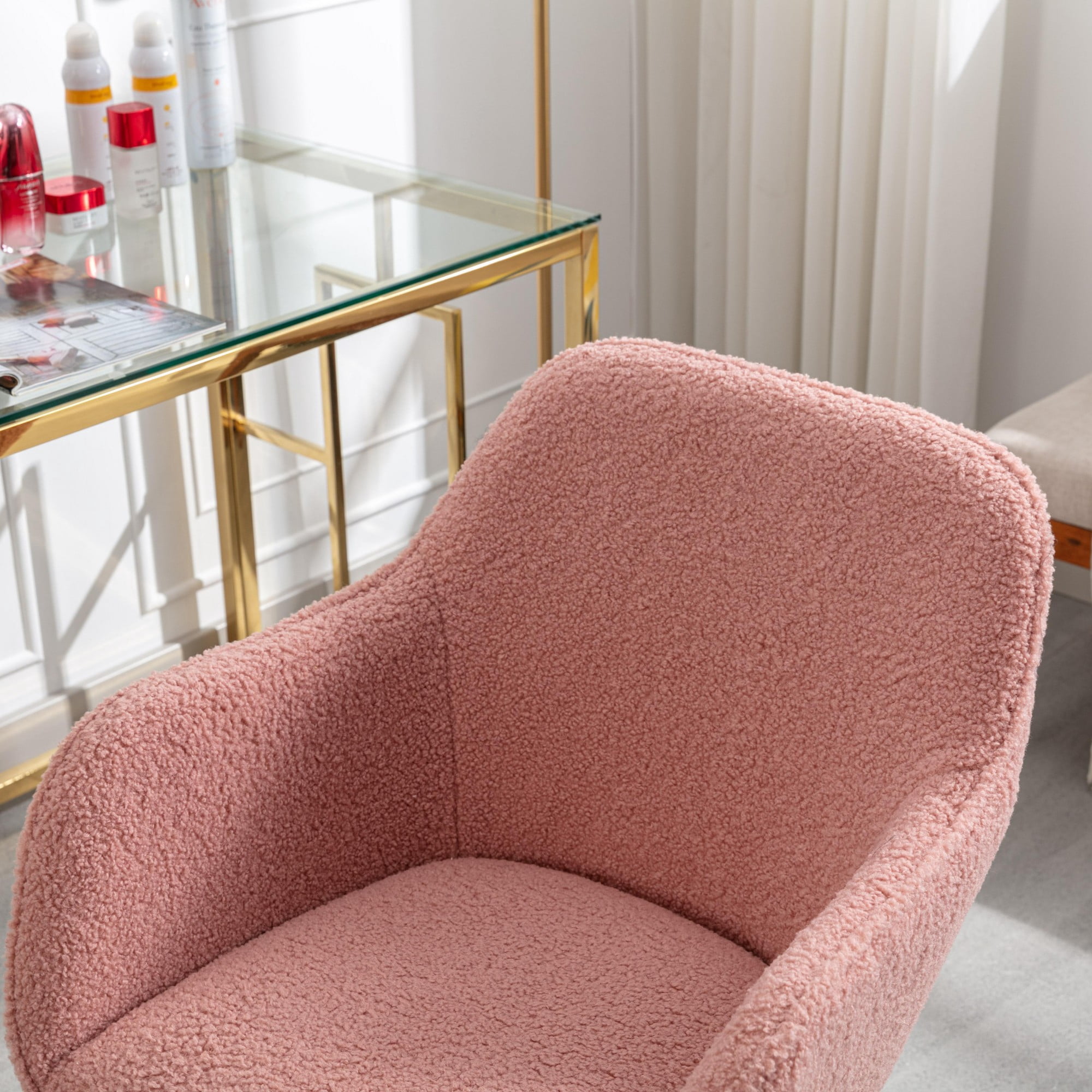 Pink Office Chair,Swivel Home Office Chair with Wheels,Modern Teddy Vanity Task Computer Chair with Adjustable Height