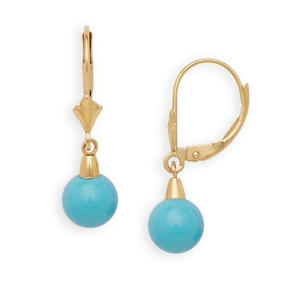 Solid 14k Yellow Gold Simulated Turquoise Gemstone Lever Back Dangling Drop Earrings (Yellow Gold) Dangle Earring for Wo