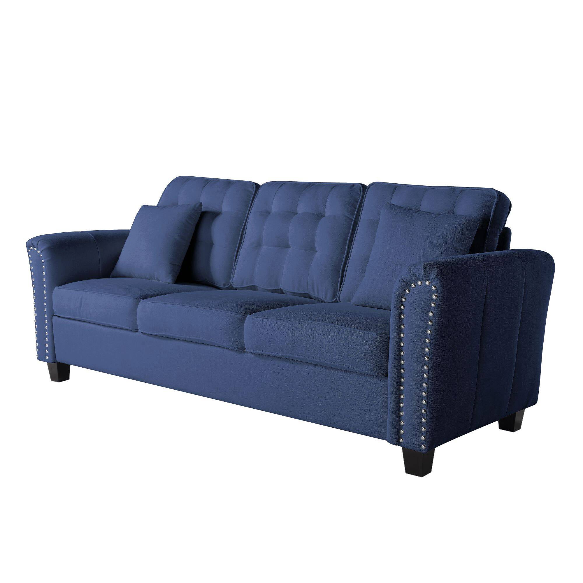 Modern 3 Seat Classic Modern Sofa with 2 Pillows, Tufted Upholsteres Couch with Rolled Arms and Nailhead Trim for Living Room, Apartment, Black