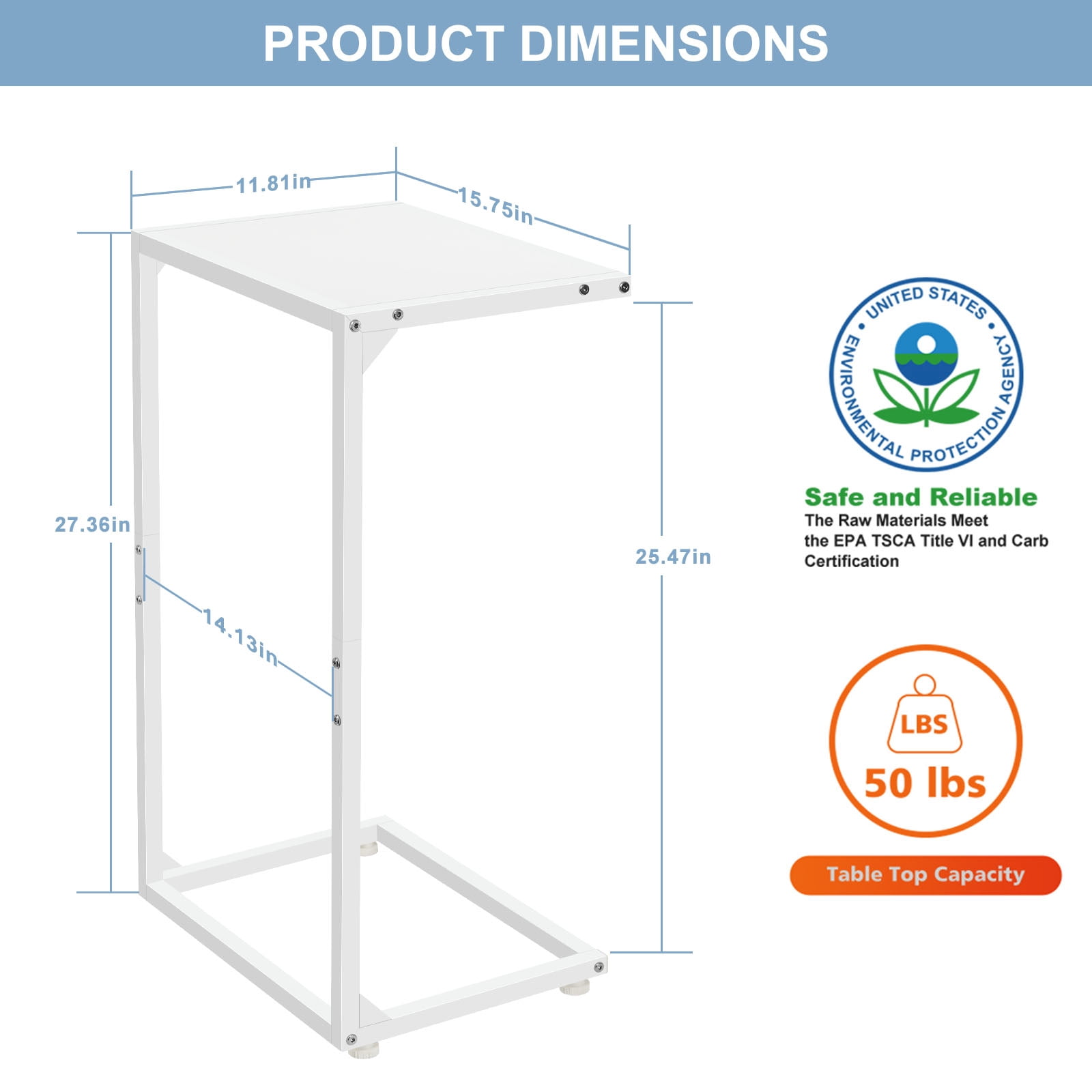 Horizontal Flat C‑Shaped Side Table, Single Piece White End Table for Sofa and Bedside