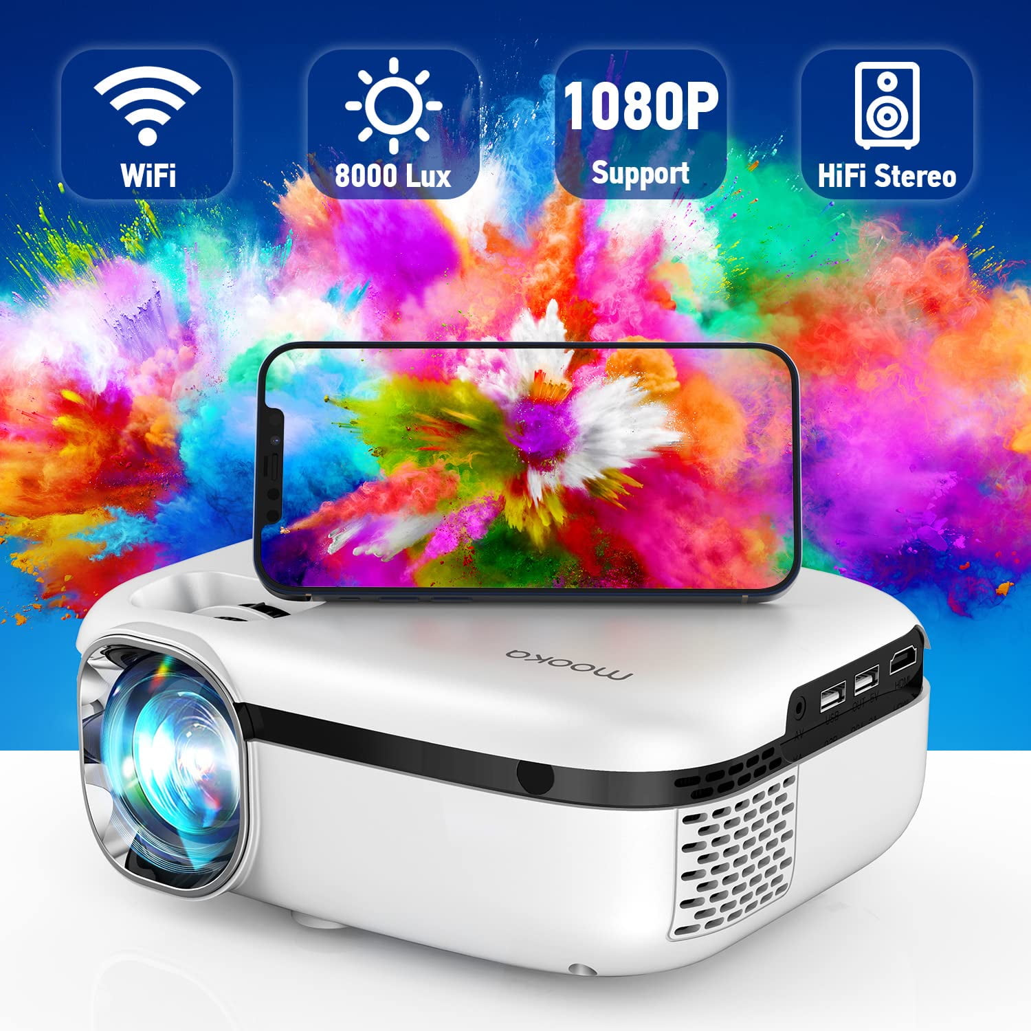 MOOKA WiFi Movie Projector, Portable Outdoor Projector 8000L Support