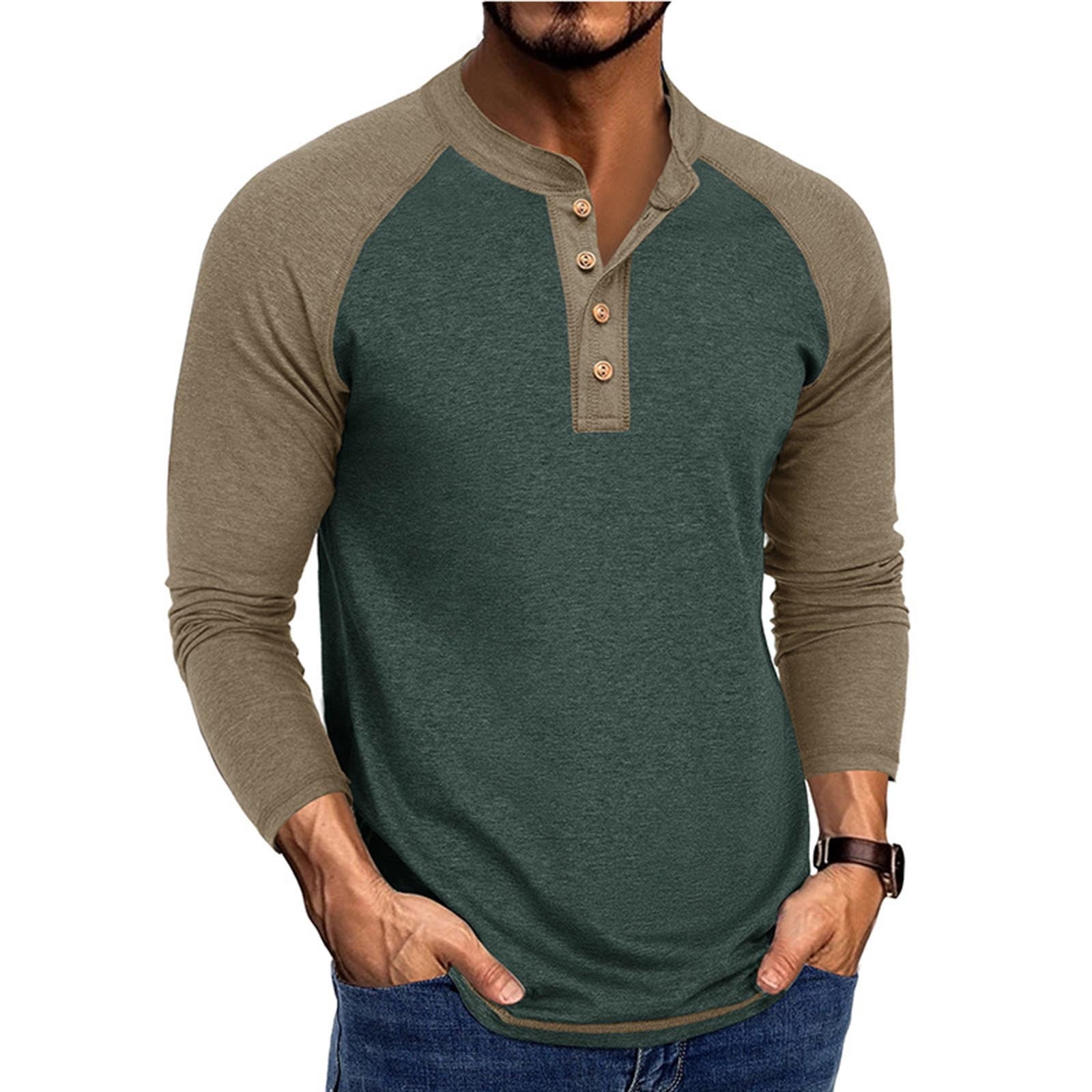 Feancey Cotton Henley Shirts for Men Raglan Long Sleeve Button Up Tshirt Color Block Fashion Baseball T-Shirts Slim Fit Casual Gym Muscle Tees Army Green XL