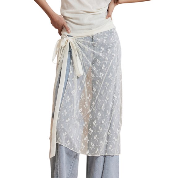 ESASSALY Women Floral Lace Tie up Skirts Extender Adjustable Layering Fake Top