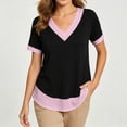 thumbnail image 5 of Craaazy Short Sleeve Tops for Women Plus Size Relaxed Color Block V Neck Short Sleeve T-Shirt Curved Hem for Daily Casual Outings, 5 of 9