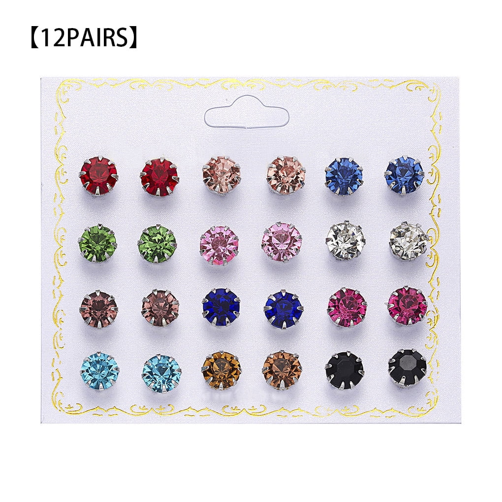 Fashion Crystal Stud Earrings 12 Pair/Set Cubic Zirconia Earring For Women Girls 