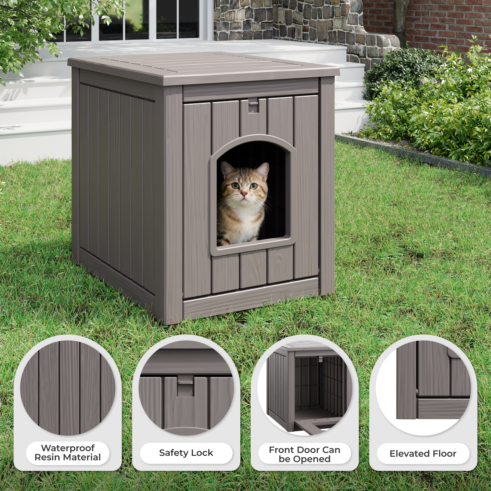 LHBcraft Outdoor Cat House, Weatherproof PP Cat Shelter for Feral & Stray Cats, Durable All-Season Pet House for Garden & Patio ,Gray