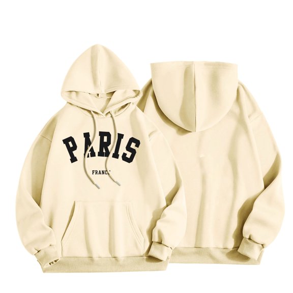 SMihono Stylish Paris Letter Print Sweatshirt for Women Drawstring Hoodies Oversized Trendy Comfy Crewneck Sweatshirts Casual Graphic Pullover Tops Unisex Beige 4