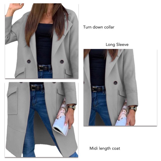Long Sleeve Coat Jacket, Turn Down Collar Midi Length Casual Coat Pure Color For Female For Winter