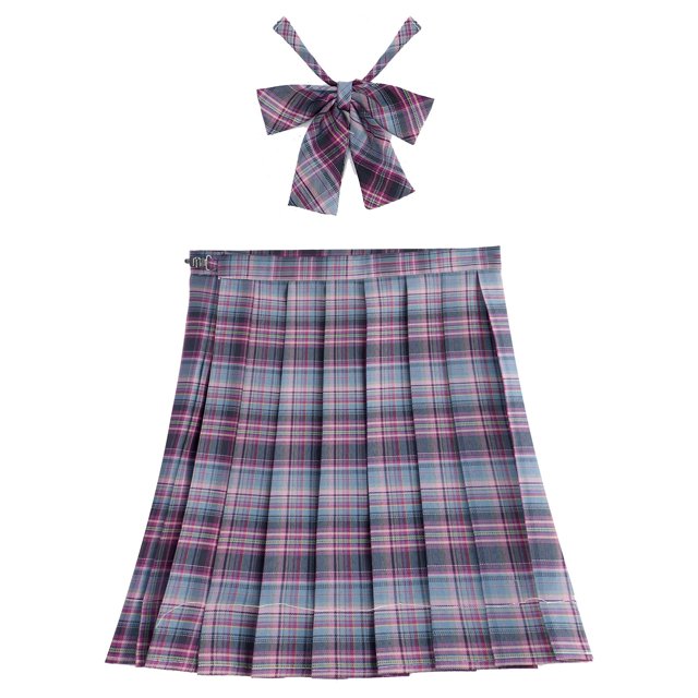 Womens Schoolgirl Uniform Role Play Cosplay Costume Spring Summer Plaid Miniskirt High Waist A-line Pleated Skirt with Bow TieS Gong Bohan LED