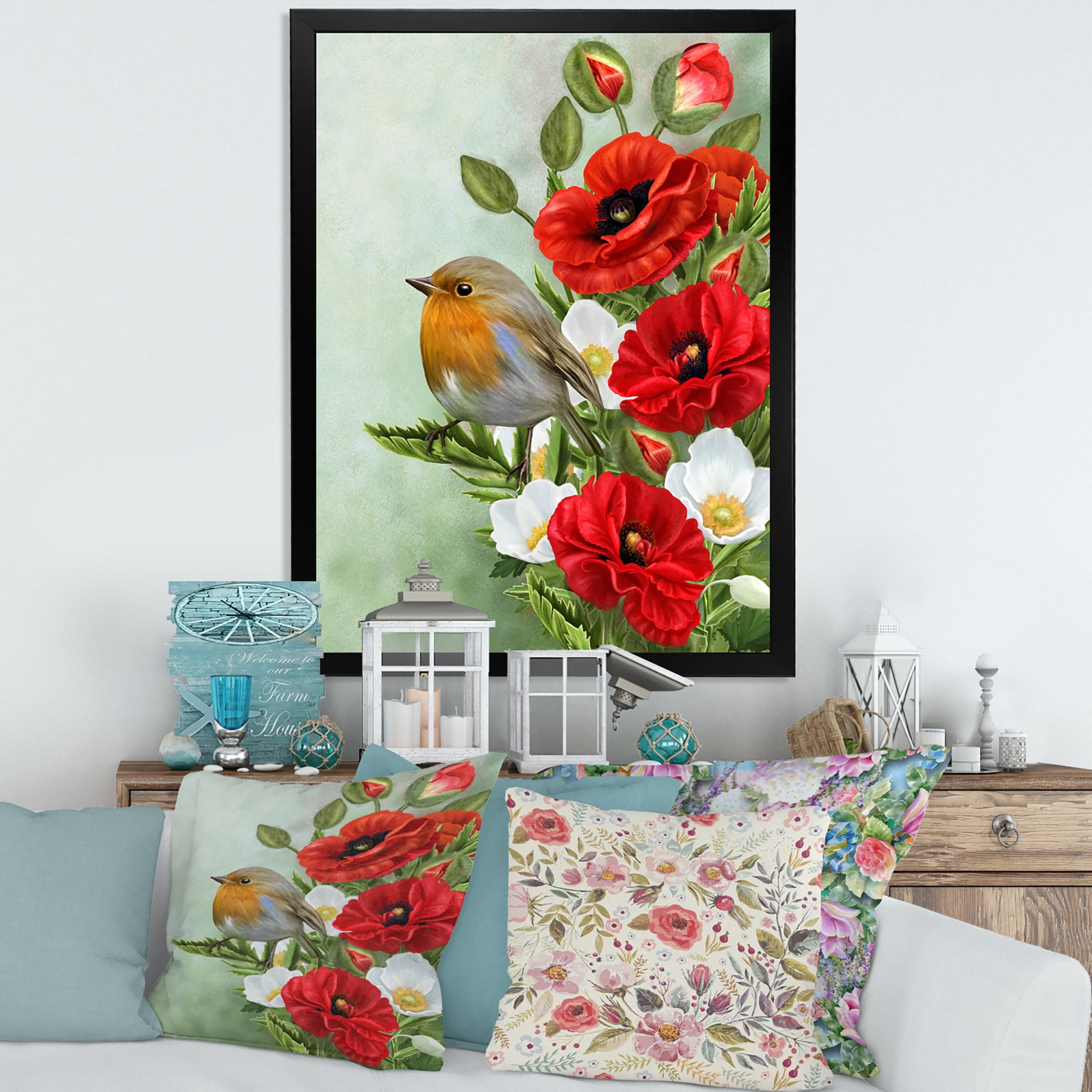 Designart 'Red Poppies and White Anemones With Yellow Bird' Traditional Framed Art Print