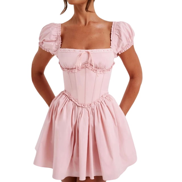 Gupgi Robe Mini Fleurie pour Femme Décontractée à Manches Courtes Dos Nu Corset Coupe Trapèze Robes Vacances Robe d'Été