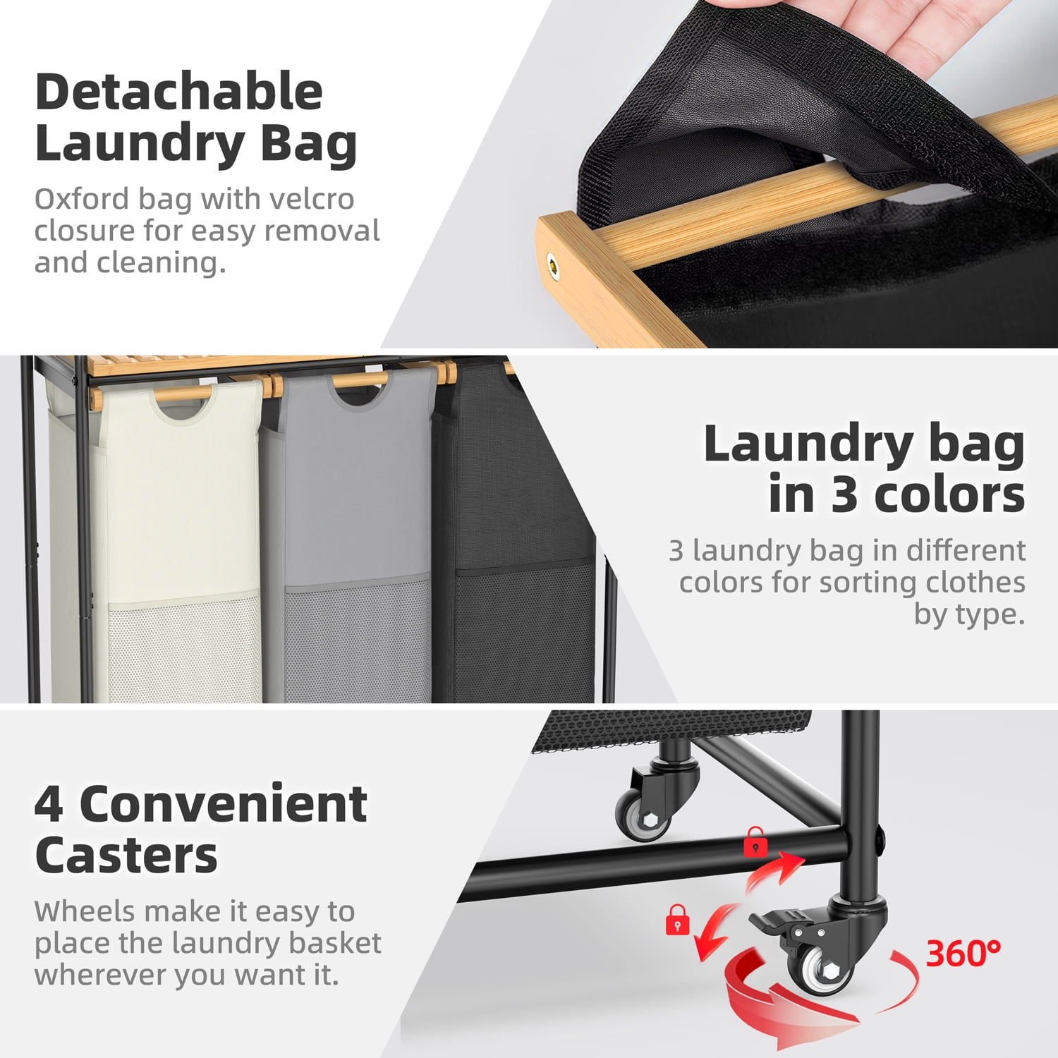 Bamboohomie 3 Compartment Laundry Hamper with Wheels, Rolling Laundry Basket 3 Section Sorter, Black Beige Gray
