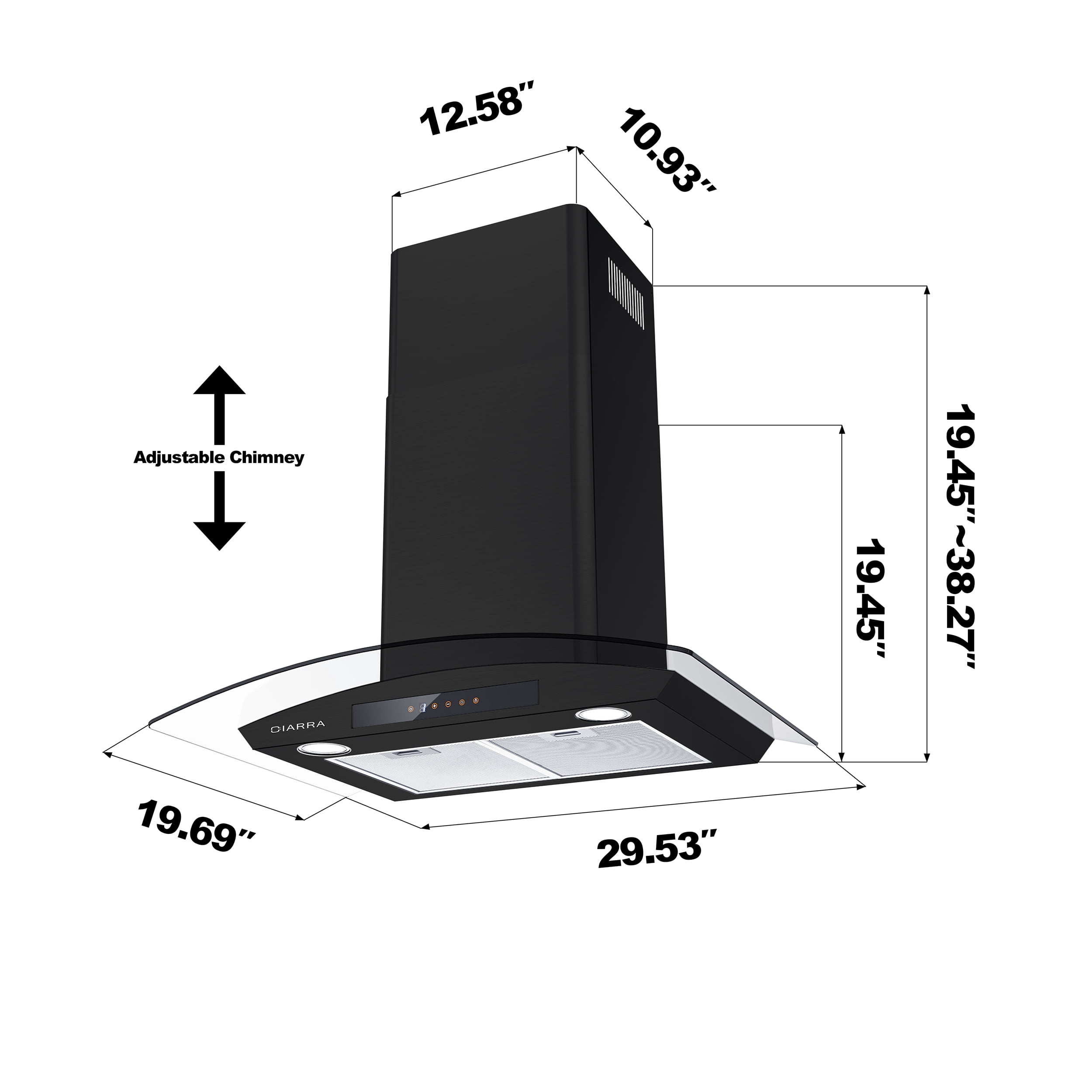 CIARRA Wall Mount Range Hood 30 inch Tempered Glass Black Vent Hood with Carbon Filter Kit for Recirculating CAB50275-003