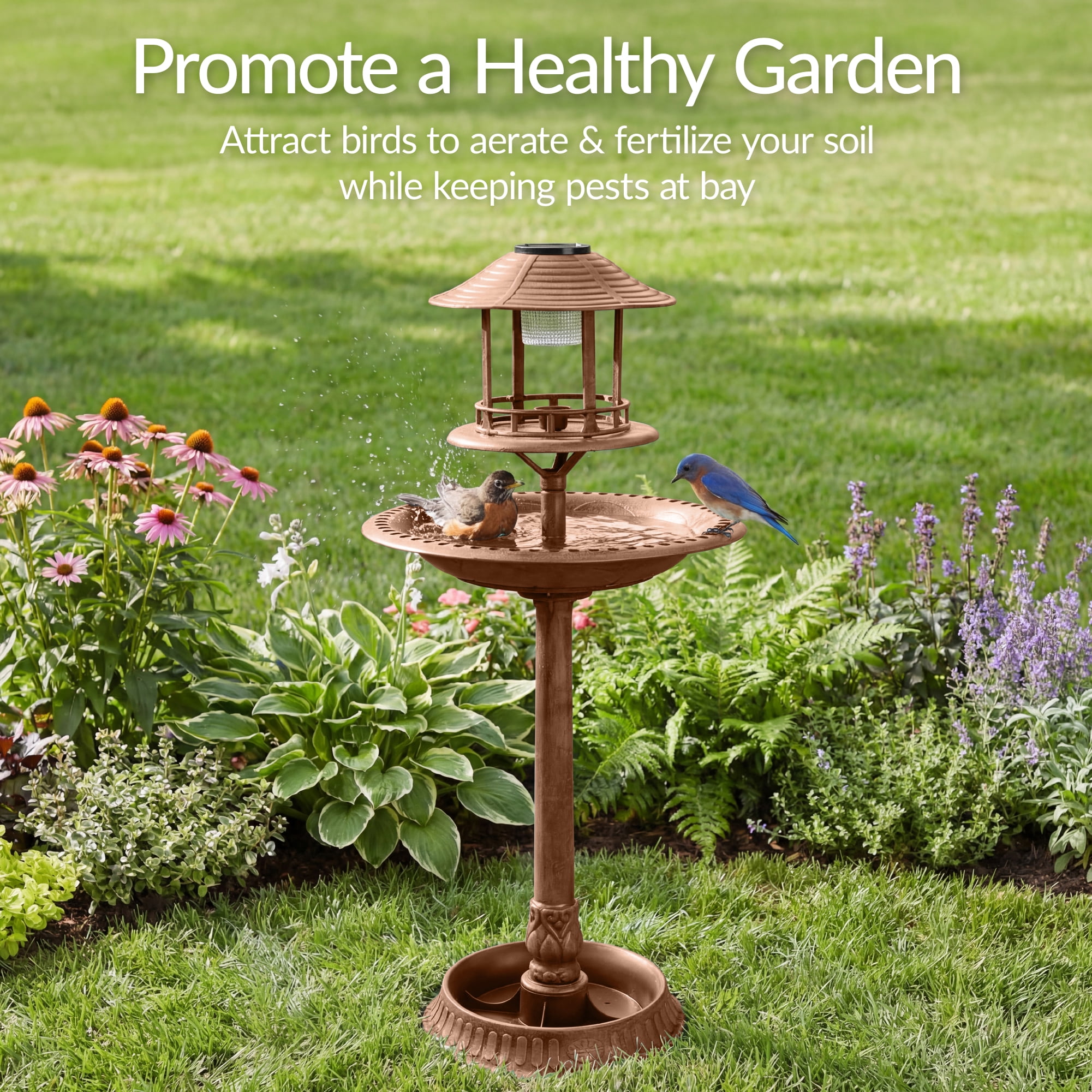 Best Choice Products Solar Outdoor Bird Bath Pedestal Fountain Garden Decoration w/ Fillable Planter Base - Bronze