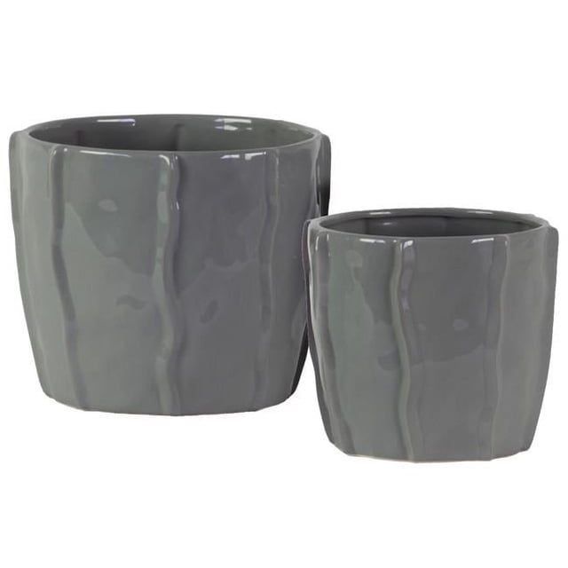 Urban Trends Collection 37308 Ceramic Low Pot with Embedded Wave Design Body, Gloss & Gray - Set of 2