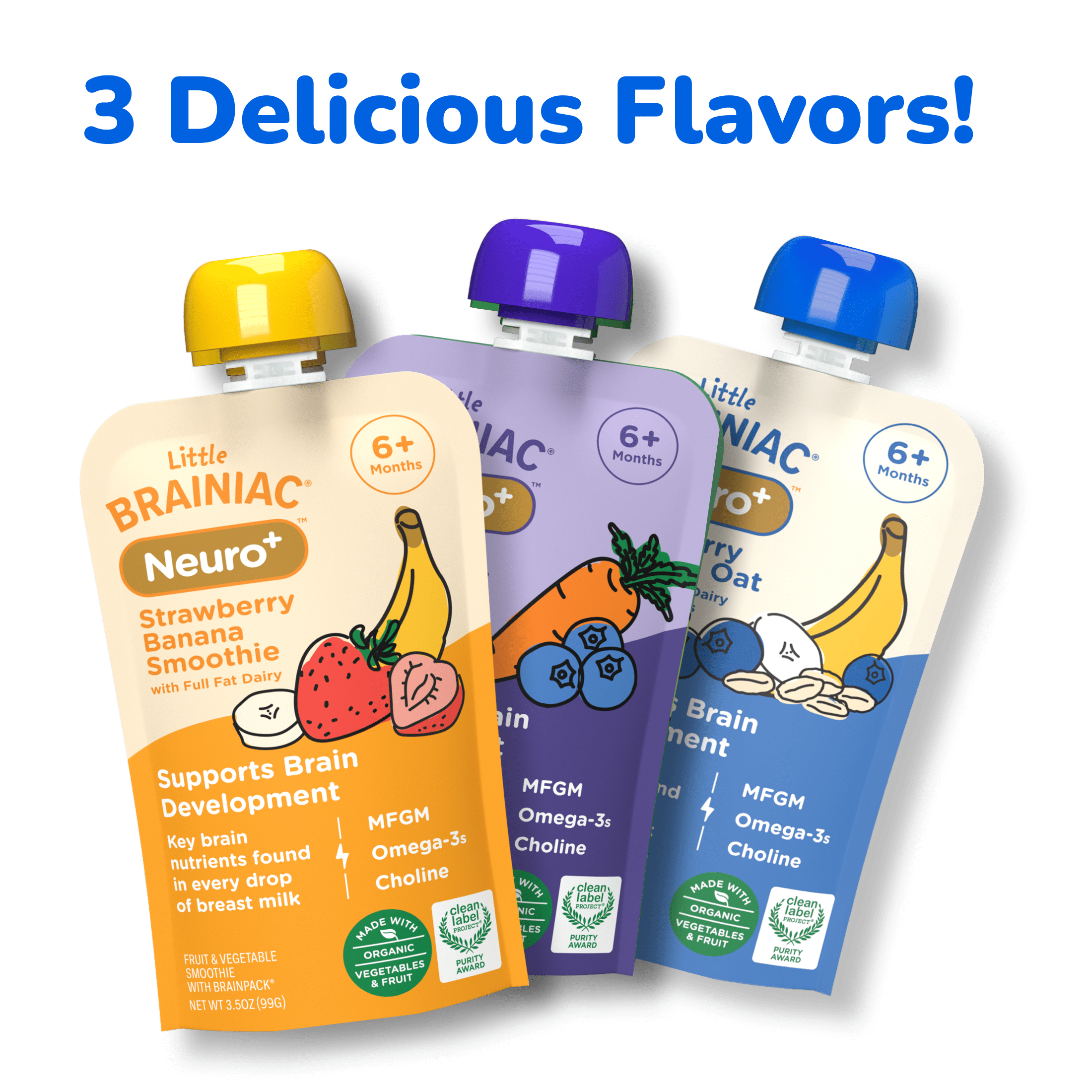 Little Brainiac Neuro+ Smoothie Baby Food Pouch with Omega-3s and Prebiotics, Blueberry Banana Oat, 3.5oz, 6ct