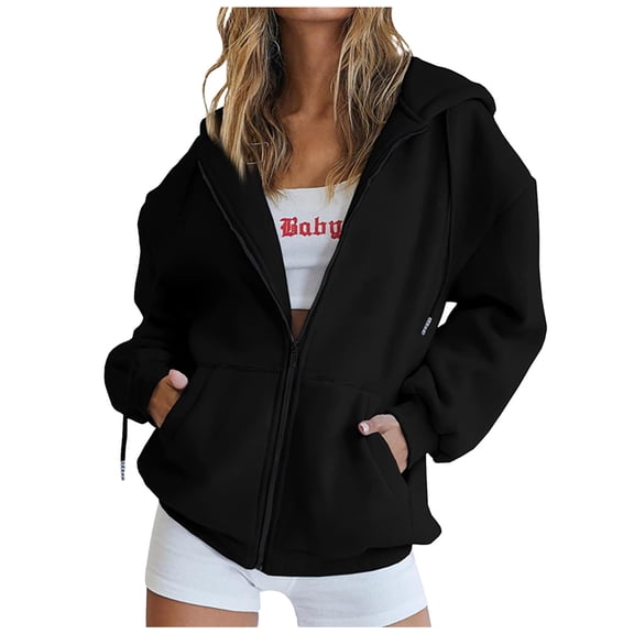 Women's Cute Hoodies Teen Girl Fall Jacket Oversized Sweatshirts Casual Zip Up Y2K Hoodie with Pocket Black XL