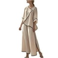 thumbnail image 2 of HOZADOIE Two Piece Sets for Women Flax V Neck Color Blocked Loose Three Quarter Sleeves Irregular Design Top Wide Leg Side Slit Pants Matching Set with Pockets Spring Summer Style, 2 of 9