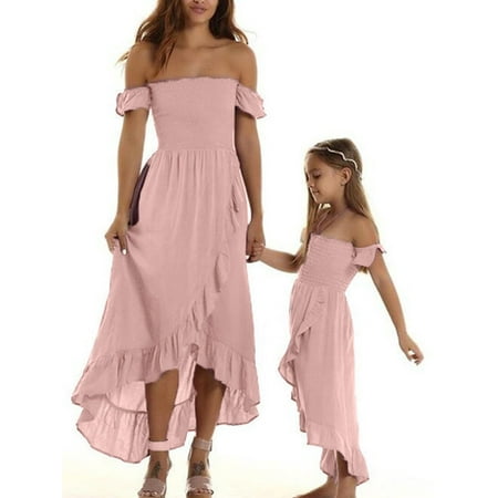 

Family Matching Outfit Mommy Daughter Off-Shoulder Dress Ruffled Hem Pink Sweet Tube Top Summer Dress