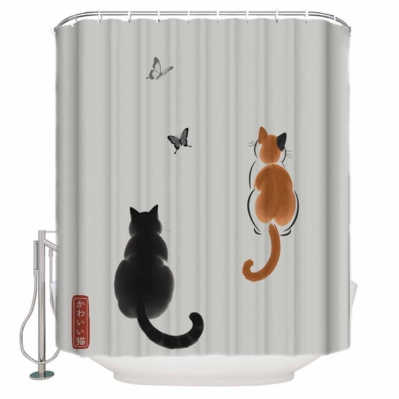 Japanese Cute Cat Bathroom Shower Curtains with 12 Hooks Polyester Waterproof Shower Curtain for Stalls and Bathtubs Harmony Cartoon Kitty Butterfly Decorative Bathroom Privacy Curtain 36x78 Inches