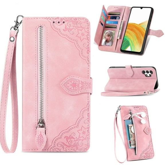 For Samsung Galaxy A14 Wallet Case,Embossed PU Leather Folio Flip Protective Zipper Cover with Wrist Strap RFID Blocking Card Kickstand Case