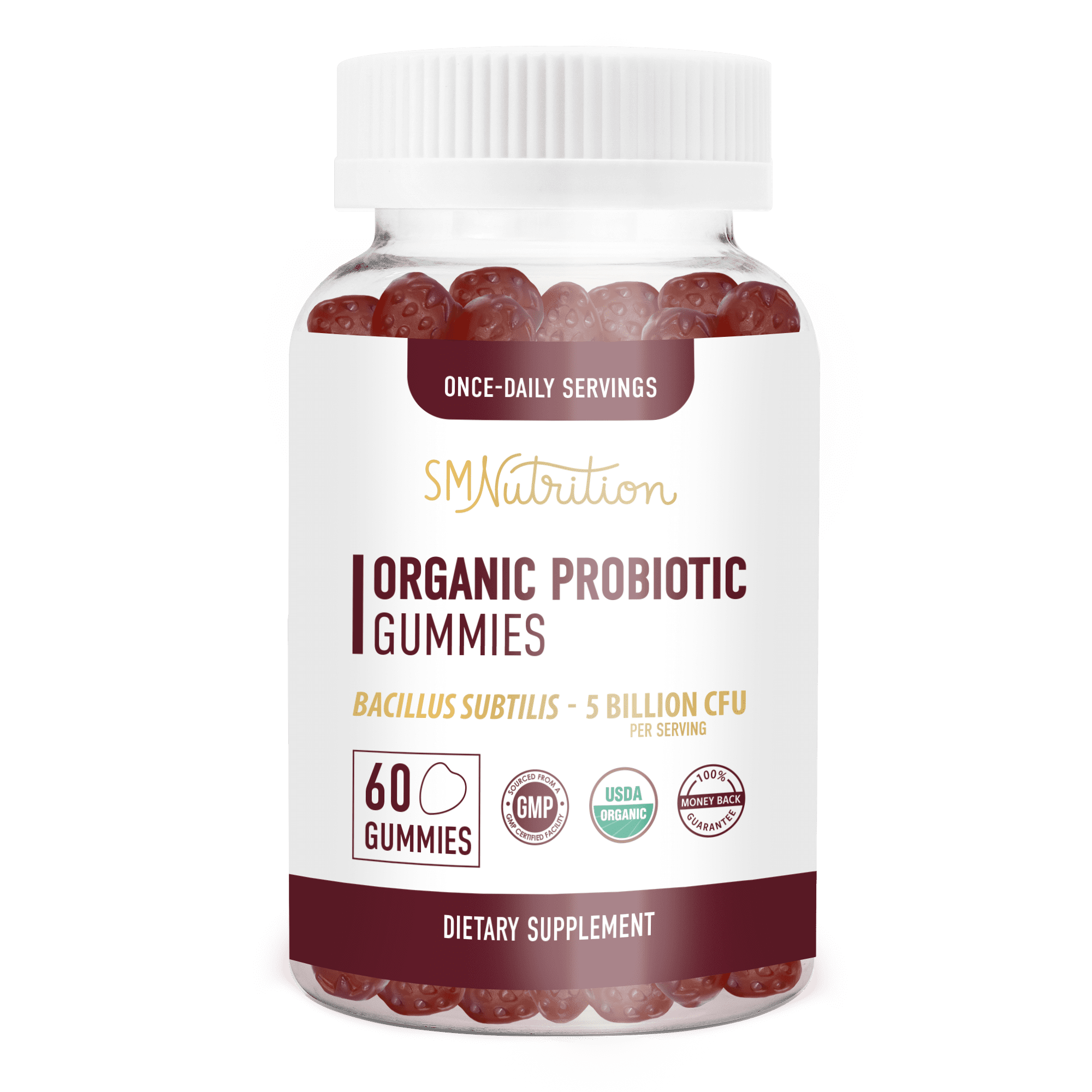 Organic Probiotic Gummies for Adults and Kids (60 Count) 5 Billion CFU Bacillus Subtilis