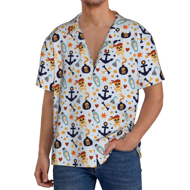 Balery Pirate Skull And Anchor Camisa Casual de Manga Corta con Botones para Hombre, Texturizada, Estilo Cubano, para Playa, Verano-Large