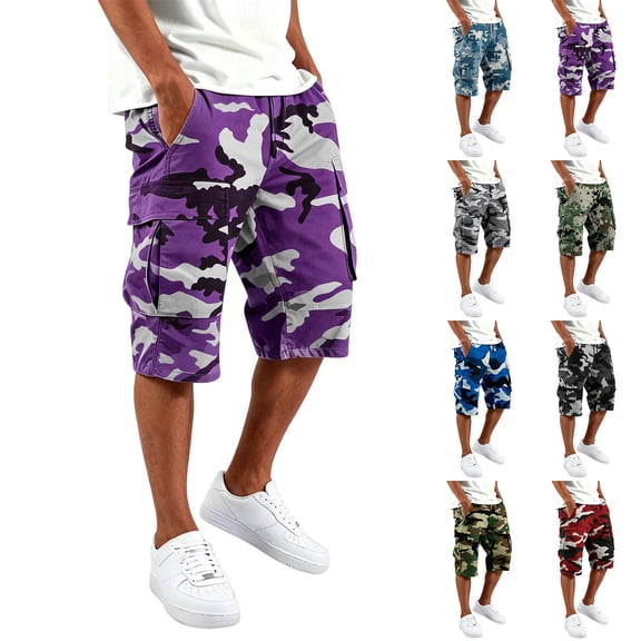 Resicozy Camo Cargo Shorts for Men Relaxed Fit Lightweight Elastic Waist Knee Length Shorts with Pockets Summer Short Cargo Pants Purple 2XL
