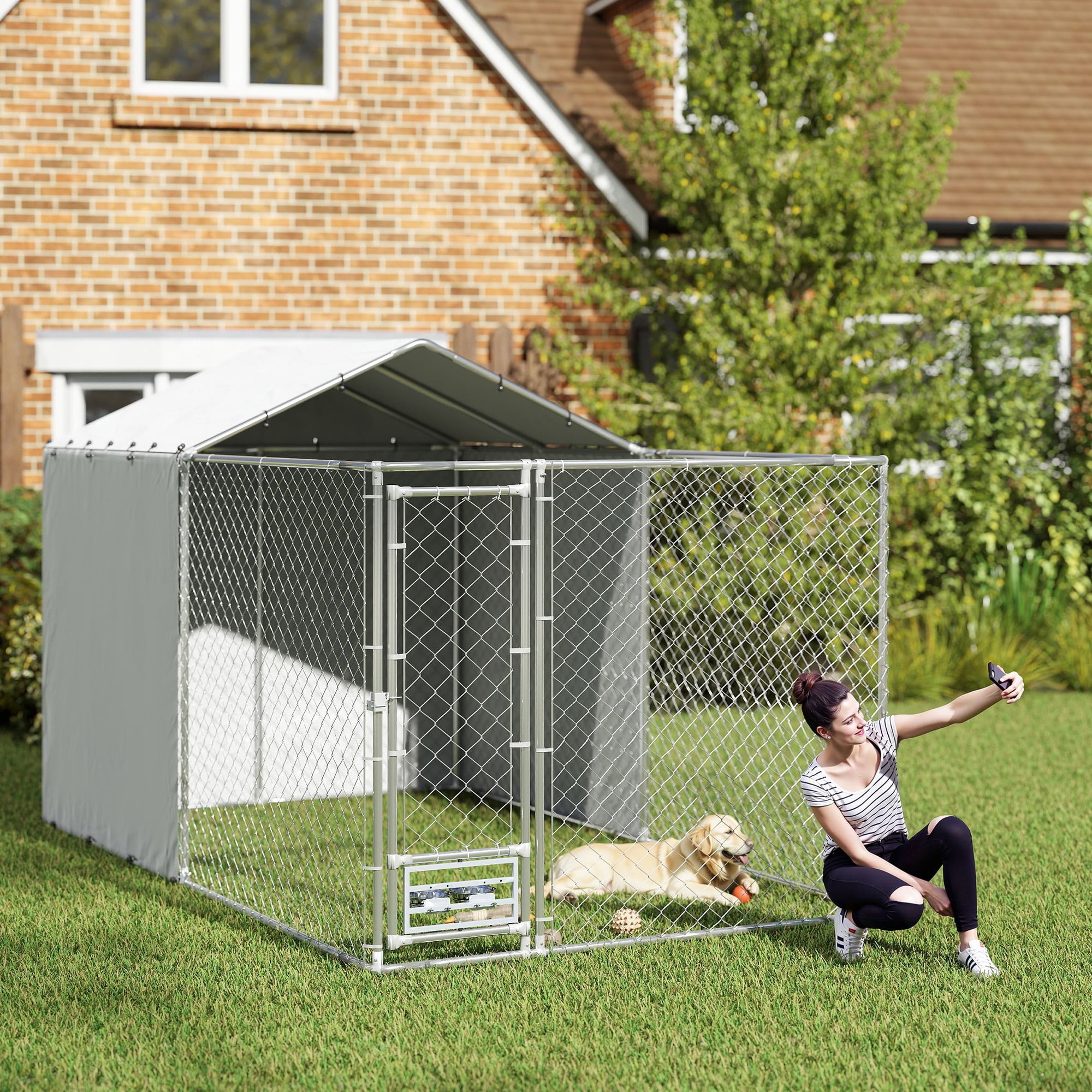 PawHut Large Outdoor Dog Kennel, Chain Link Dog Kennel Outside with Weather Resistant Cover, Rotating Bowls Door, for M&L Dogs, 13.1' x 7.5' x 7.5'