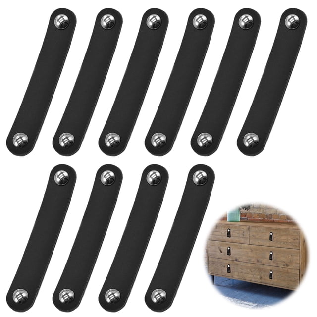 Tirador de cuero, 10 piezas Tiradores de cuero para muebles de baño, cocina, puertas, armarios - 14 x 2,5 cm, negro
