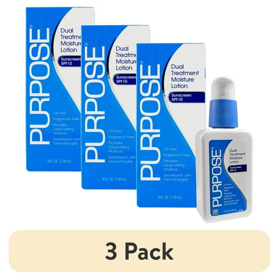 (3 pack) Purpose Dual Treatment Moisture Lotion with SPF 10, Oil Free, Fragrance Free, 4 oz bottle