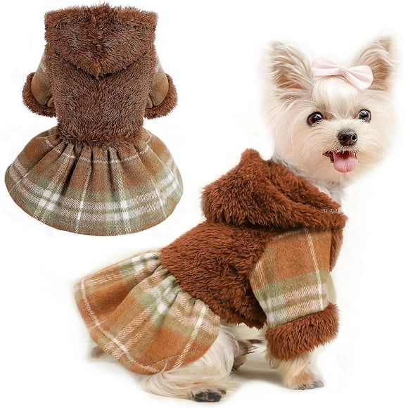 Small Dogs Girl Cold Weather Warm Puppy Dresses Pink Plaid Pet Clothes Outfits For Chihuahua Yorkie Teacup Cat Skirt Coat Apparel Clothing (medium, Br