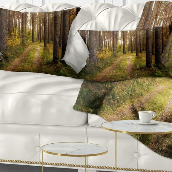 Designart Road through Thick Fall Forest - Modern Forest Throw Pillow - 12x20