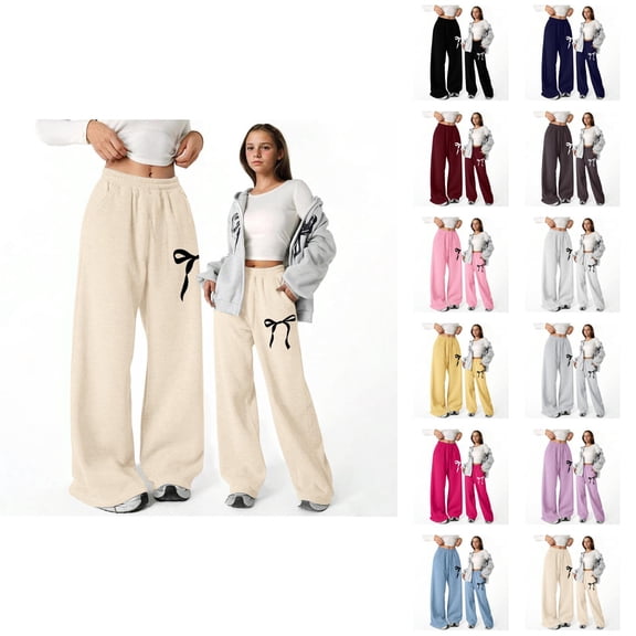 Girls Baggy Pants 2026 Fashion Cute Bow Graphic Elastic Waist Straight Leg Lightweight Sweatpants with Pockets