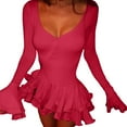 thumbnail image 2 of Women'S Long Sleeve Wedding Guest Dresses Sexy Deep V Neck Flare Ruffle Bodycon Dress Red S, 2 of 8