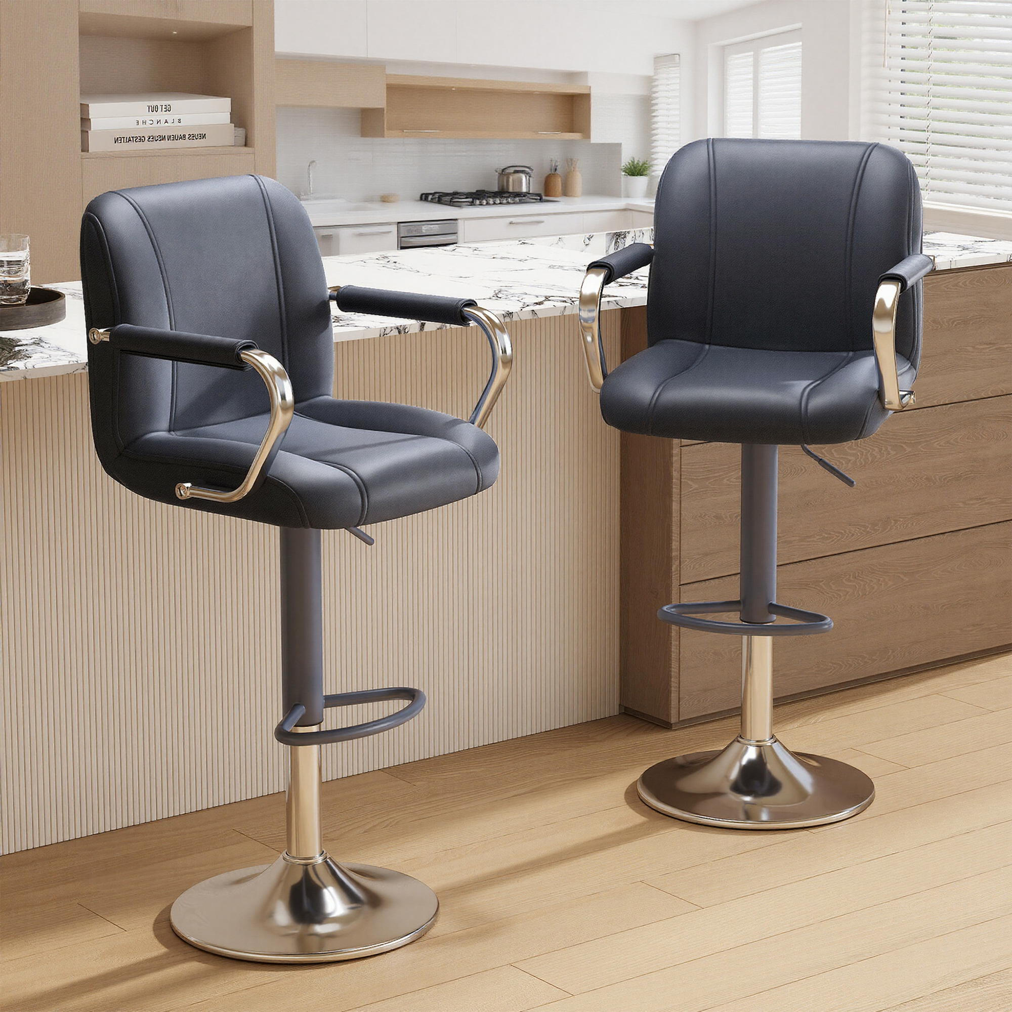 AFO Modern PU Leather Bar Stool Set of 2 with Backrest and Armrests, Height Adjustable 360° Swivel Counter Chair, Blue