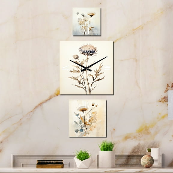 Designart "Serene Beige Thistle" Thistle Oversized Wall Clock - Set Of 3 - Extra large Traditional Clock For Office Décor - Large Vertical Clock