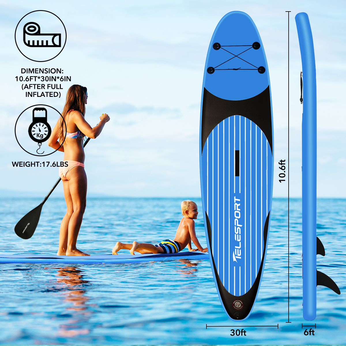 Telesport Inflatable Stand Up Paddle Board 10.6ft with SUP Carry Bag, Adjustable Paddles Non-Slip Deck, Leash and Fin for Padding Surfing - image 2 of 7