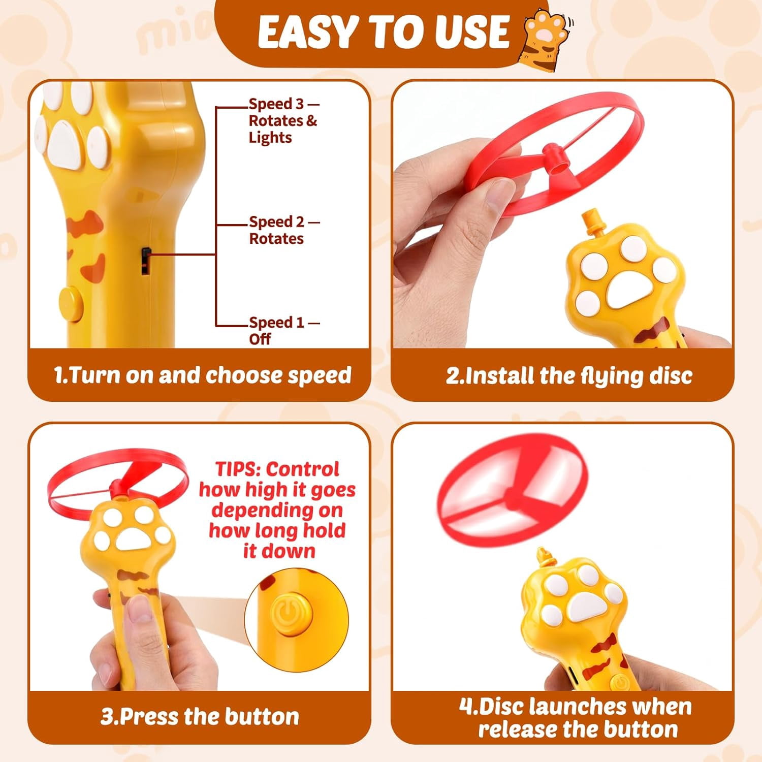 Cat Toy Disc Launcher, Rechargeable Interactive Cat Fetch Toy Launcher with 8 Flying Discs, Flying Enrichment Toys for Indoor Bored Kittens & Adult Cats (Yellow)
