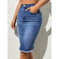 thumbnail image 4 of Blue Frayed Hem Pencil Denim Skirt Casual Fit Knee-Length, 4 of 5