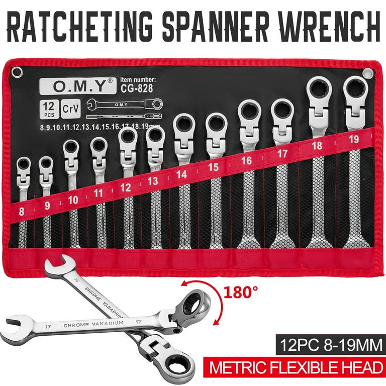 SHZOND 12pcs Ratchet Wrench Set 8-19mm Metric Combination Spanner Flexible  Head Ratchet Wrenches Kit 
