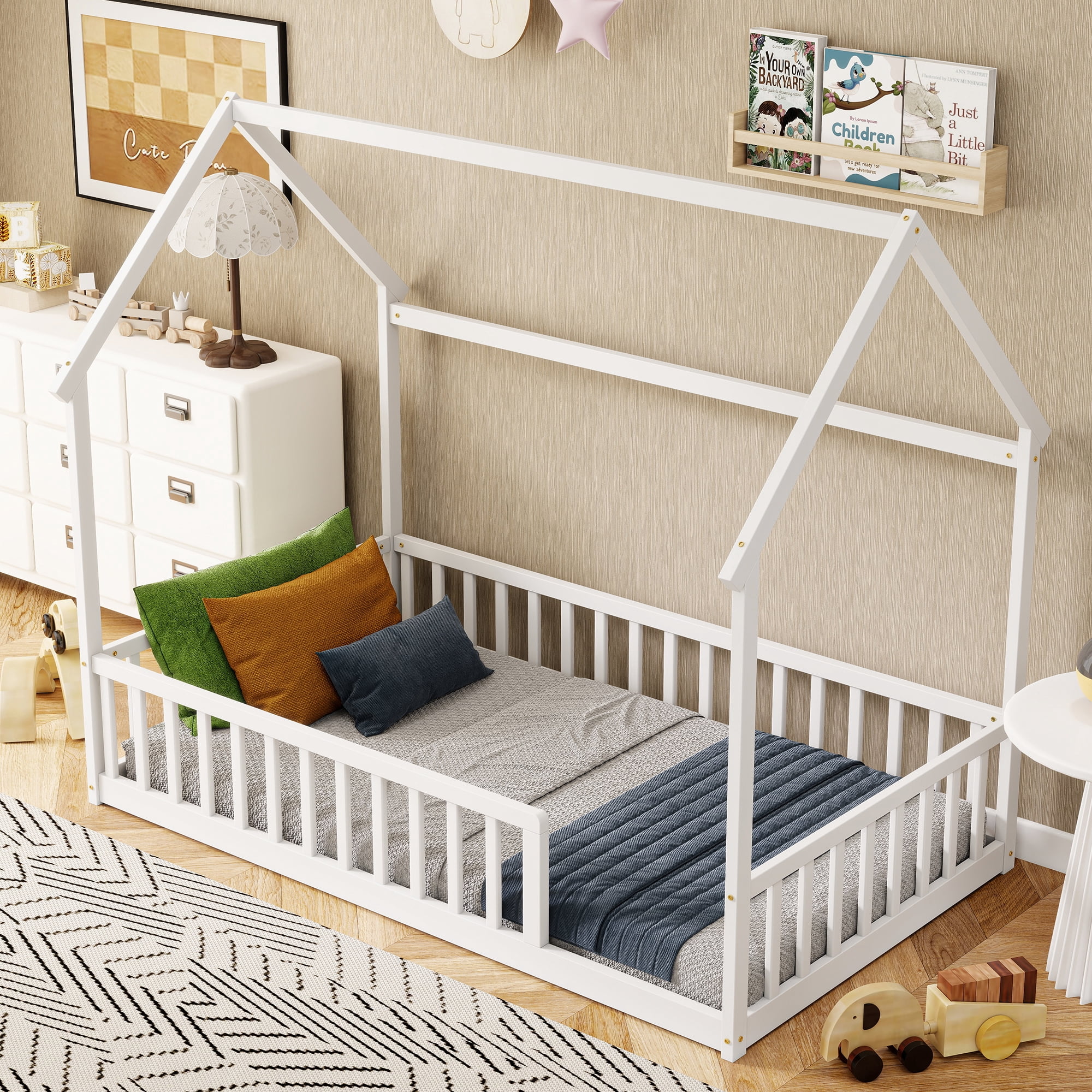 Twin White House Floor Bed with Full Safety Fence, Solid Pine Wood Montessori Kids Playhouse Bed Frame No Box Spring Needed Max 250 LBS for Toddler Bedroom Nursery